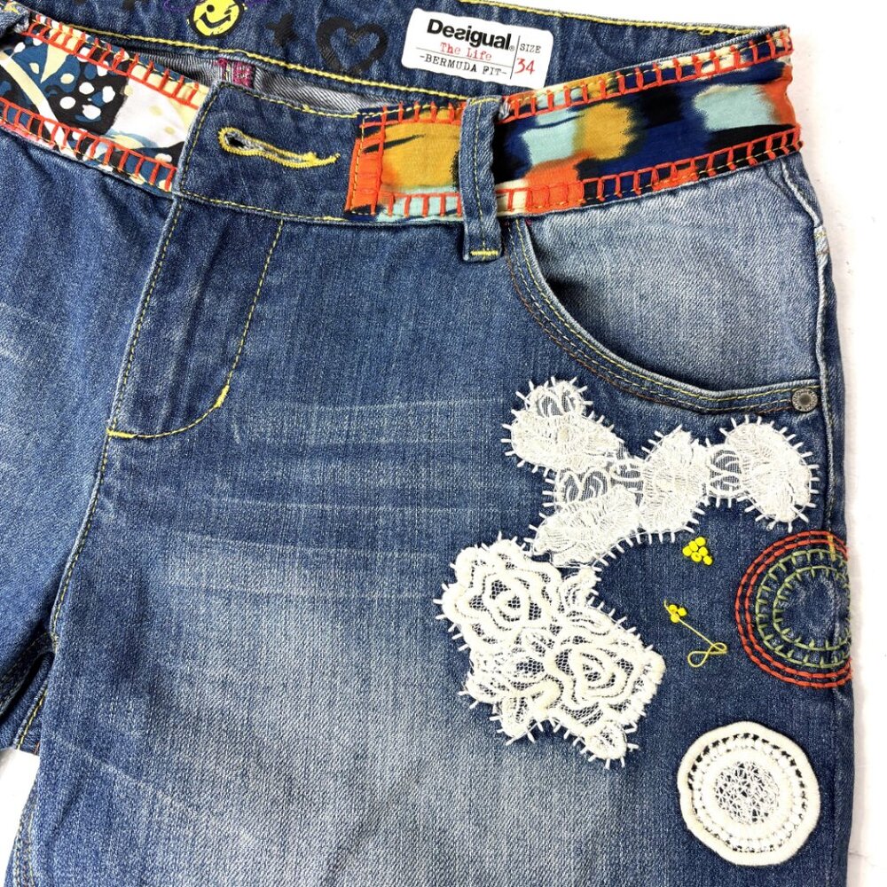 Desigual Denim High Waist Jean Shorts Life Embellished lace embroidery Size 34 - Picture 3 of 11